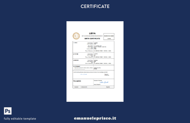 certificato di nascita della Libia in stile verificato modello Word e PDF